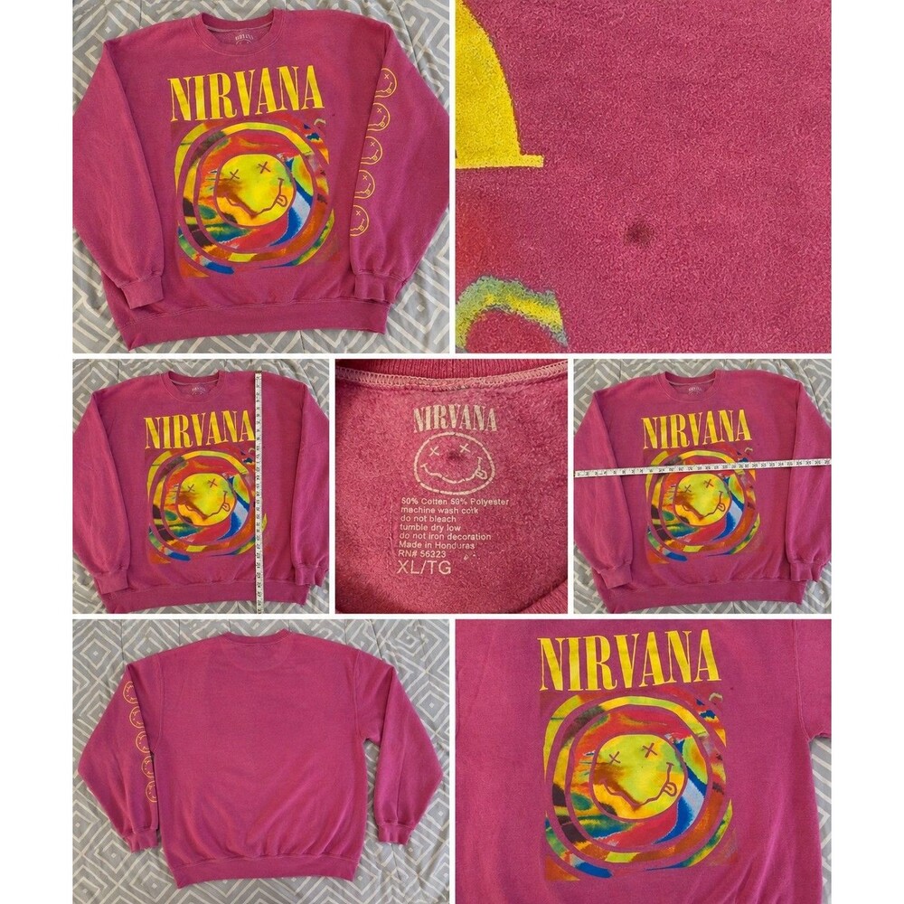 Nirvana Pink Smiley Graphic Print Crew Neck Pullover Sweatshirt XL/TG (Spot)